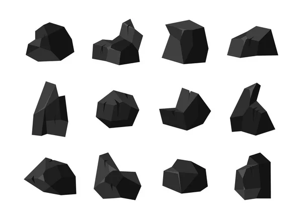 Sada kousků fosilního černého uhlí různých tvarů s různým osvětlením povrchu. Dřevěné uhlí izolované na bílém pozadí. Vektorová ilustrace — Stockový vektor