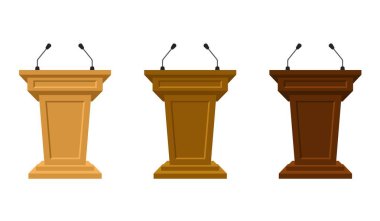 Üç renkli tribün seti mikrofonlu kürsüde duruyor. Podyum ya da konuşma için kaide ya da hatip için halk kürsüsü. Basın konferansı veya medya, siyaset iletişimi için övgü