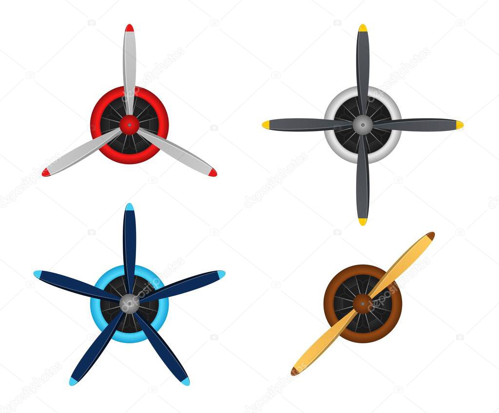 Plane blade propeller set isolated on white background. Vintage airplane propeller icons with radial engine. Turbines icons, fan blade, wind ventilator, equipment generator. Vector illustration