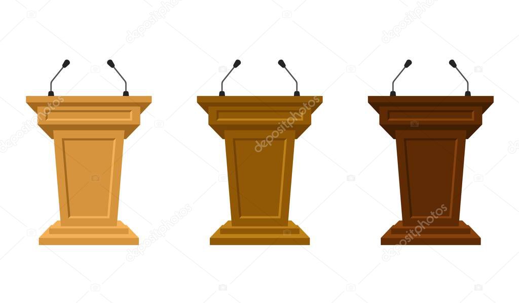 Wooden set of three colored tribunes stand rostrum with microphones. Podium or pedestal stand for speech or public pulpit for orator. Tribute for press conference or media, politics communication