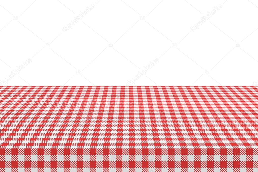 The picnic table is covered with a checkered tablecloth. White red gingham textile. Clean surface with textile, template for ad restaurant cafe menu vector banner. Vector illustration