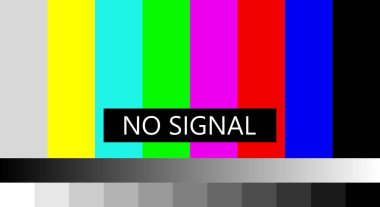 Televizyon sinyali yok. Sinyal sembolü alınamıyor, ekran renk çubuğu desenli hata iletisi görüntüler, bağlantı sorunu. 4K, tam HD çözünürlüğü. Vektör illüstrasyonu