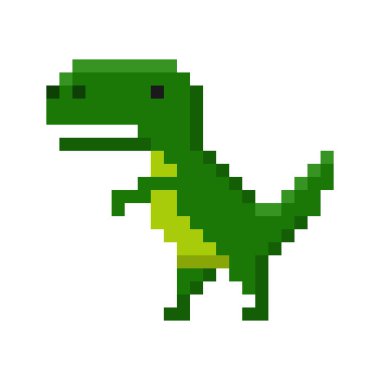 Beyaz arkaplanda izole edilmiş dinazor simgesinin pikseli. Büyük neşeli tarih öncesi yeşil tyrannosaurus. Karakter oyun vektör çizimi