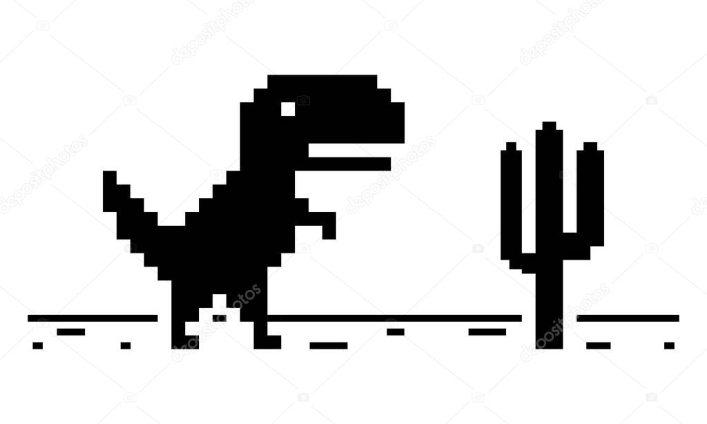Pixel art of dinosaur and cactus icon isolated on white background. Offline error for internet. Character game vector illustration