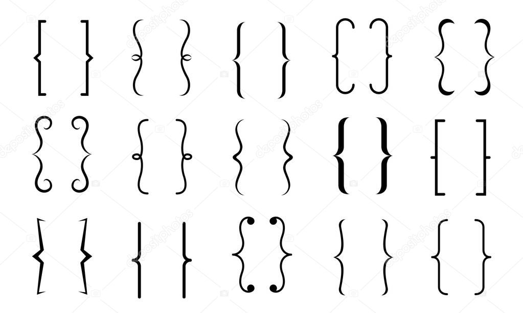 Set of curly braces icons for graphic design isolated on white background, Brackets symbolic elements. Vector illustration