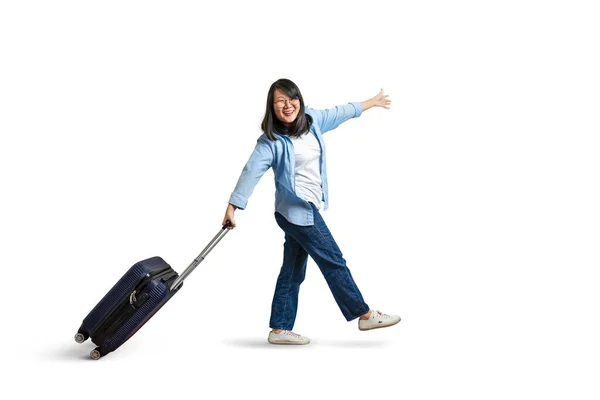 Asian Woman Happy Travel Her Luggage Isolated White Background Clipping — Stock Photo, Image