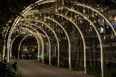A lit tunnel forms a welcoming route for visitors during nighttime, with rows of warm lights outlining the curved path through the garden.