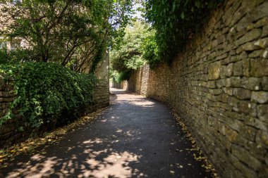 Dar gölgeli bahçe yolu, taş duvarlar ve sarkık yeşillikler..