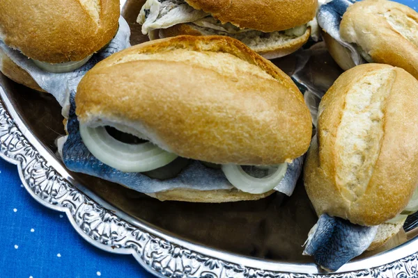 German Finger Food- bread rolls with herring — Stock Photo, Image