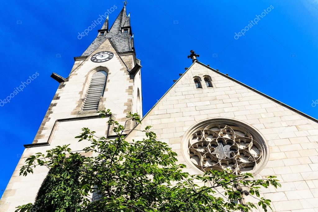 The peace church (Friedenskirche) on the banks of River Main, close to castle - symbol of the city of Hanau, Germany