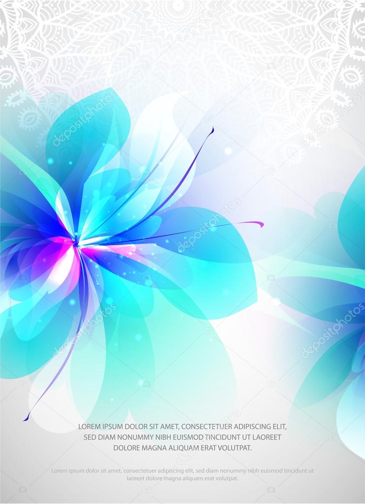 Flower banner with beautiful ethnic floral ornament and abstract blue flowers.