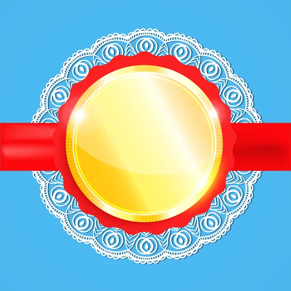 Badge en métal doré poli blanc avec ruban rouge sur fond clair . — Image vectorielle