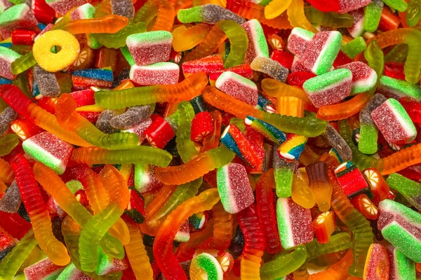 Assorted Tasty Gummy Candies Top View Jelly Sweets Background — Stock Photo, Image