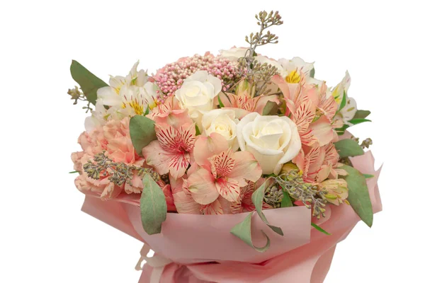 Strauß Weicher Rosa Blumen Rosa Geschenkpapier — Stockfoto