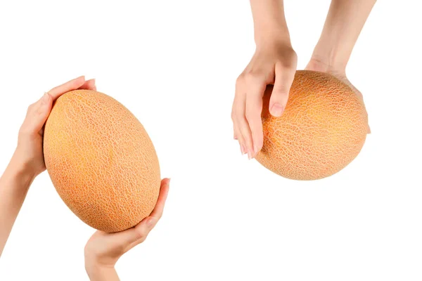 Meloen Handen Geïsoleerd Witte Achtergrond Bovenaanzicht — Stockfoto