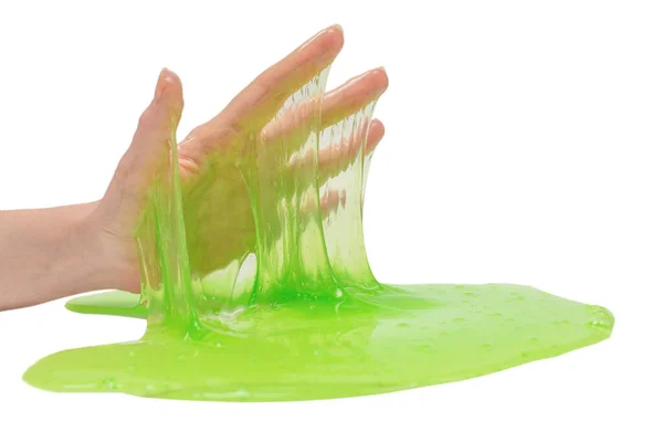 Zielony Szlam Zabawki Ręce Kobiety Izolowane Białym Tle — Zdjęcie stockowe