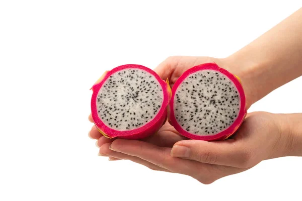 Süße Leckere Drachenfrucht Oder Pitaya Frauenhand Isoliert Auf Weiß — Stockfoto