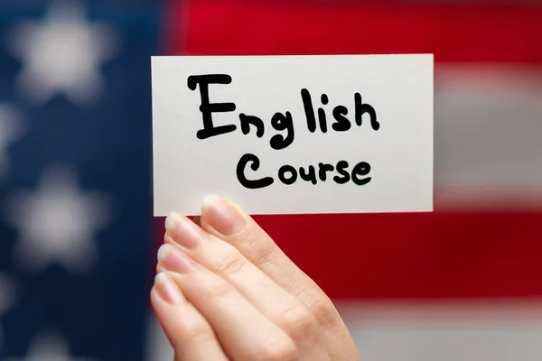 Texto Curso Inglês Cartão Bandeira Americana Fundo — Fotografia de Stock