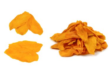 Tatlı mango dilimleri arka planda. Üst görünüm. 