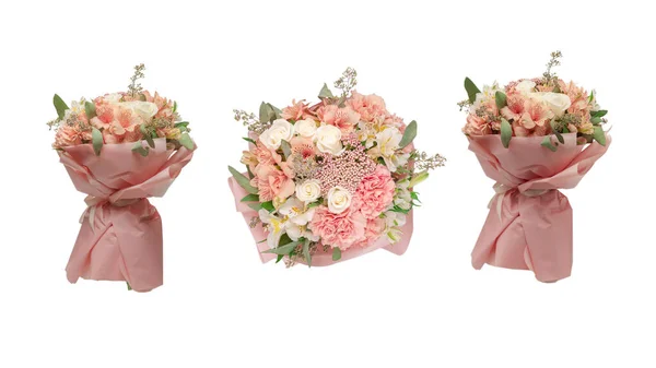 Букет Мягких Розовых Цветов Розовой Оберточной Бумаге — стоковое фото