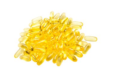 Beyaz arka planda balık yağı hapları. 