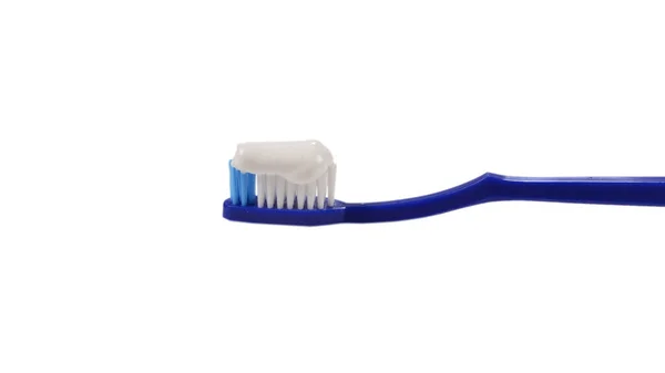 Blue Toothbrush Toothpaste Her Hand Isolated White Background Copy Space — Stock Photo, Image