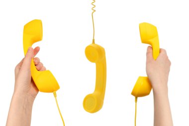 Sarı cep telefonu beyazda izole edilmiş. Boşluğu kopyala.