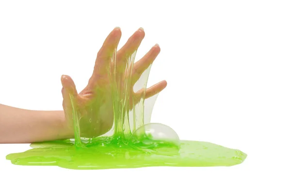 Green Slime Toy Woman Hand Isolated White Background — Stock Photo, Image