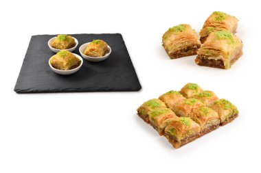 Beyaz arka planda fıstıklı baklava. Tatlı..