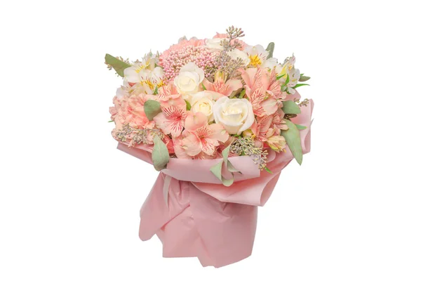 Strauß Weicher Rosa Blumen Rosa Geschenkpapier — Stockfoto