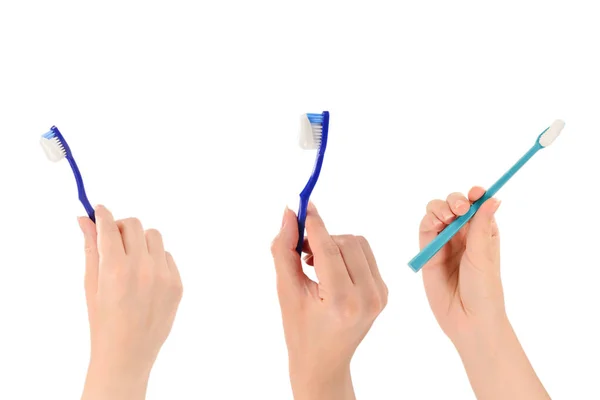 Mulher Segura Escova Dentes Com Pasta Dentes Mão Isolada Fundo — Fotografia de Stock