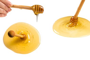 Kadın eli ballı Dipper. Metin veya tasarım için boşluk. 