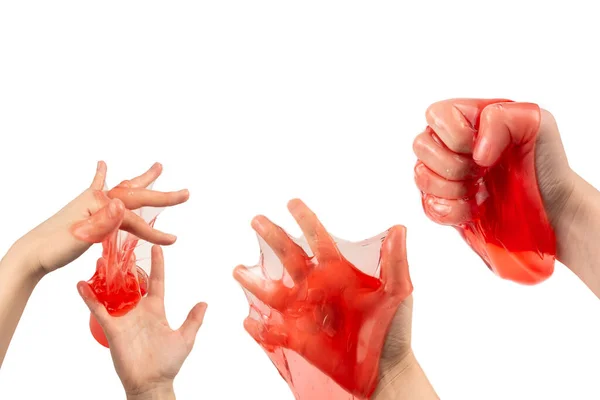 Red Slime Toy Woman Hand Isolated White Top View — Stock Photo, Image