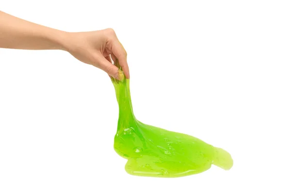 Зелений Слиз Іграшка Руці Жінки Ізольовані Білому Тлі — стокове фото