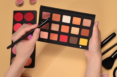 Kadın elinde göz farı paleti. Profesyonel makyaj ürünleri kozmetik güzellik ürünleri, vakıf, ruj, göz farı, fırça ve aletler.