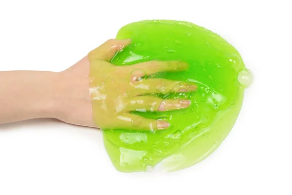 Brinquedo Lodo Verde Mão Mulher Isolado Fundo Branco — Fotografia de Stock
