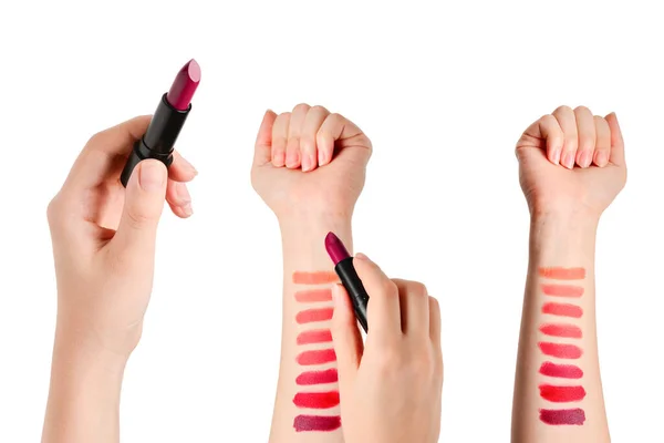 Lipstick Stalen Vrouw Hand Geïsoleerd Witte Achtergrond — Stockfoto