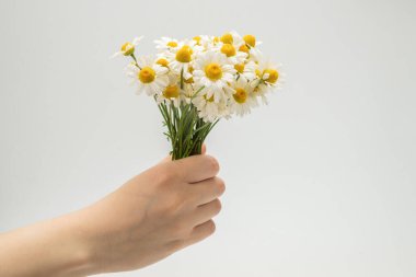 Beyaz arka planda bir buket papatya olan bir kadın..