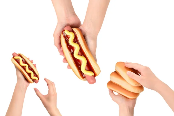 Hot Dog Woman Hand Isolated White Background Copy Space — Stock Photo, Image