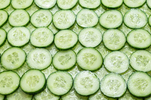 Fatias Verdes Frescas Pepino Como Fundo Vista Superior — Fotografia de Stock