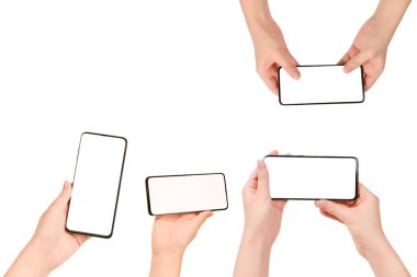 Beyaz arka planda izole edilmiş kadınlarda akıllı telefon. Beyaz perde. Boşluğu kopyala.