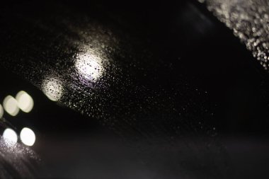 Yağmur damlaları ve ışıklarla bulanık arkaplan.