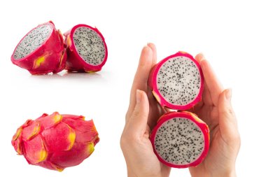 Tatlı ejderha meyvesi ya da beyaz arka planda izole edilmiş pitaya..