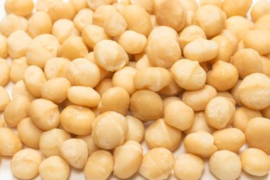 Beyaz arka planda izole edilmiş Macadamia fındıkları. Üst görünüm.