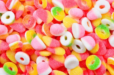 Lezzetli jelibon şekerler. Üst Manzara. Jöle tatlısı arka planı. 