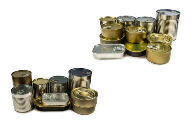 Beyaz arka planda izole edilmiş teneke kutuların karışımı. Boşluğu kopyala.