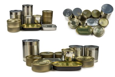 Beyaz arka planda izole edilmiş teneke kutuların karışımı. Boşluğu kopyala.