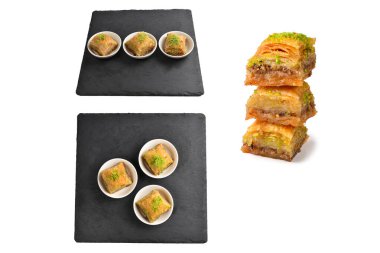 Siyah bir tabakta fıstıklı baklava. Tatlı..