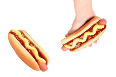 Sosisli sandviç beyaz arka planda izole edilmiş. Boşluğu kopyala.