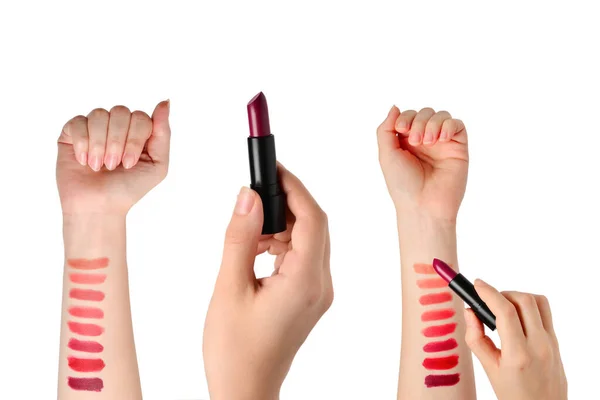 Lipstick Stalen Vrouw Hand Geïsoleerd Witte Achtergrond — Stockfoto